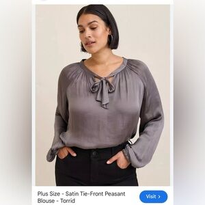 torrid Gray Satin Tie-Neck Peasant Blouse